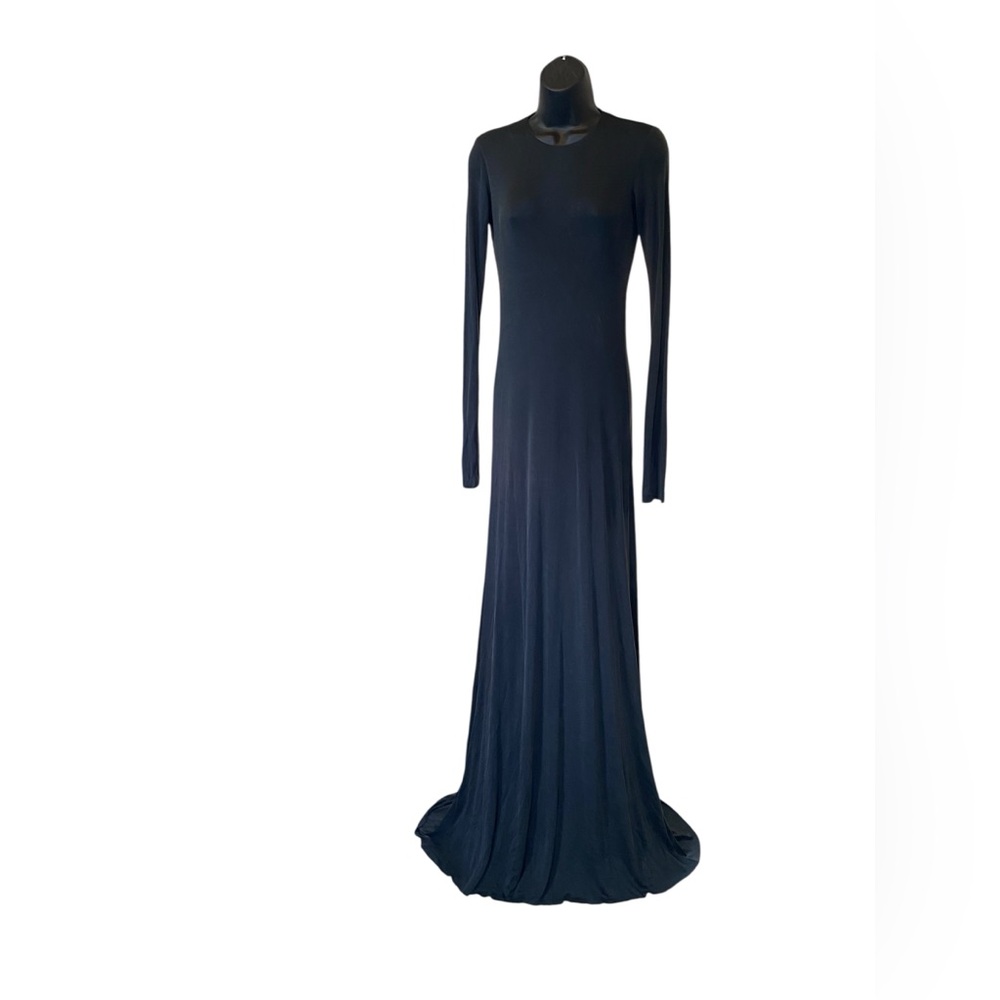 VTG Kimberly Ovitz Black Jersey Long Sleeve Floor Length Dress W Train S - NWOT